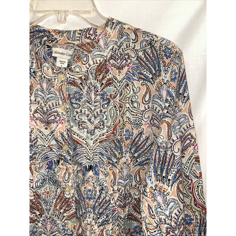 Coldwater Creek Sz LG Cotton Floral paisley Band Collar Shirt Pintucks Career - Picture 3 of 11